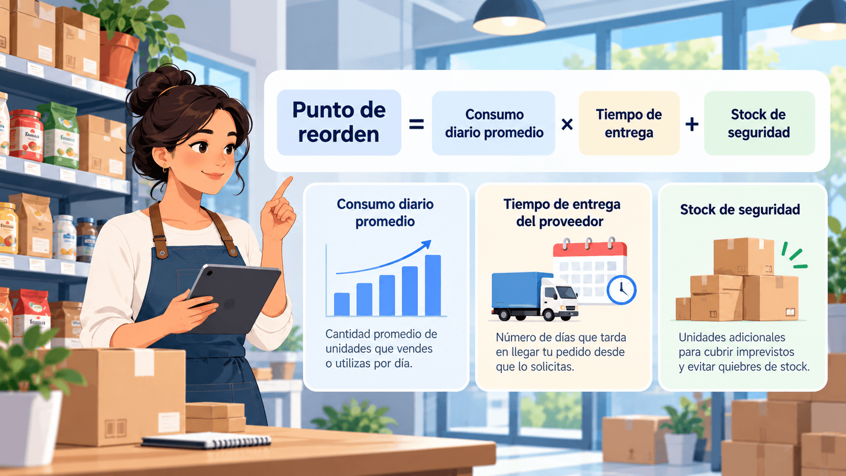Fórmula del punto de reorden: consumo diario promedio multiplicado por el tiempo de entrega del proveedor, más un stock de seguridad
