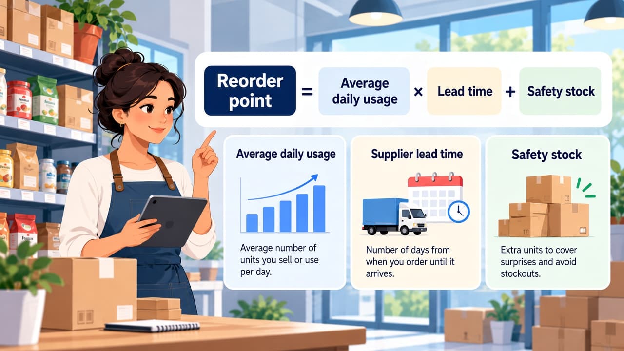 Reorder point formula: average daily usage multiplied by supplier lead time, plus safety stock