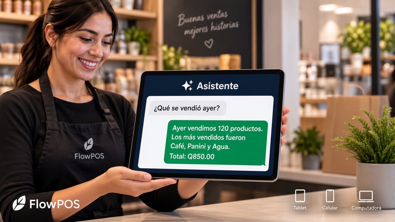 Cashier asking the FlowPOS assistant what sold yesterday and reading the answer in Spanish