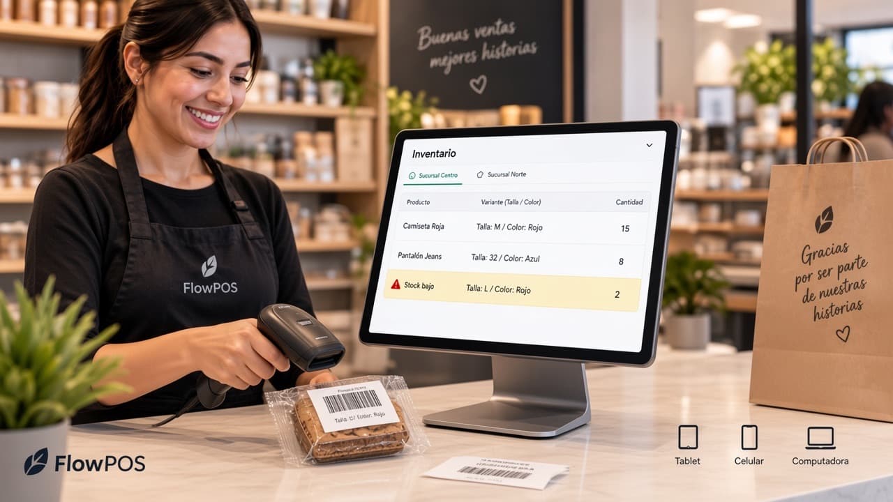 Cashier checking inventory in FlowPOS: stock by location, variants and a low-stock alert
