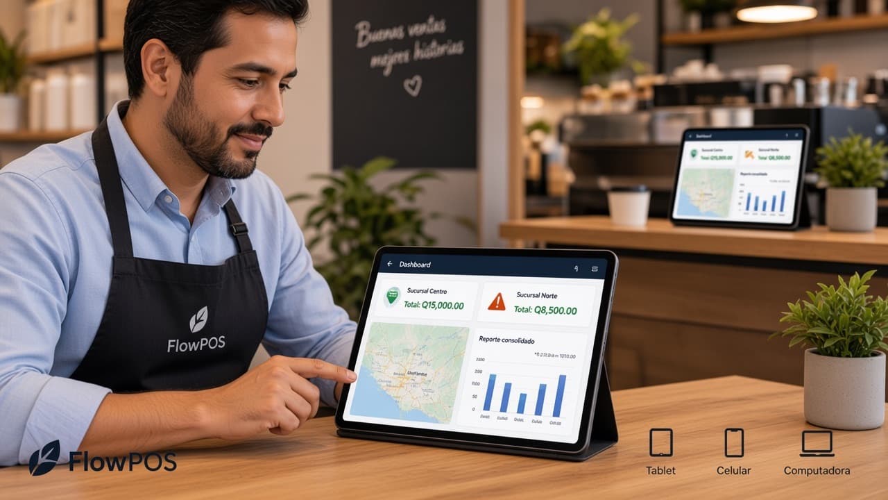 Manager reviewing a consolidated report of two locations in FlowPOS