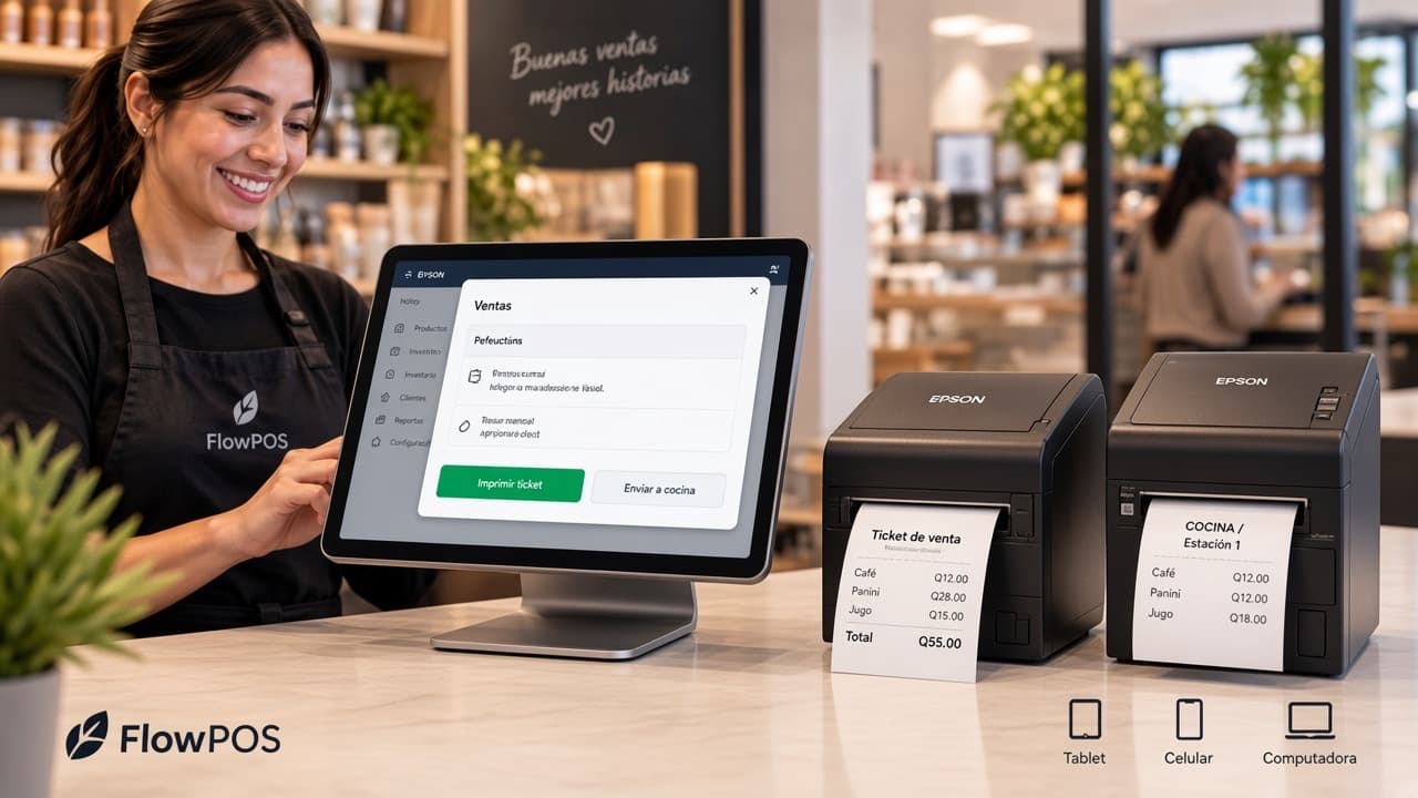 FlowPOS printing a customer receipt and a kitchen ticket on two thermal printers