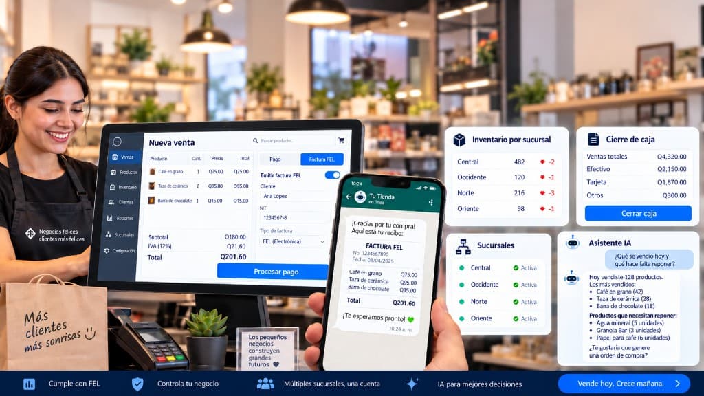 Cajera usando FlowPOS en el mostrador: venta con factura FEL, recibo por WhatsApp, inventario por sucursal, cierre de caja y asistente de IA