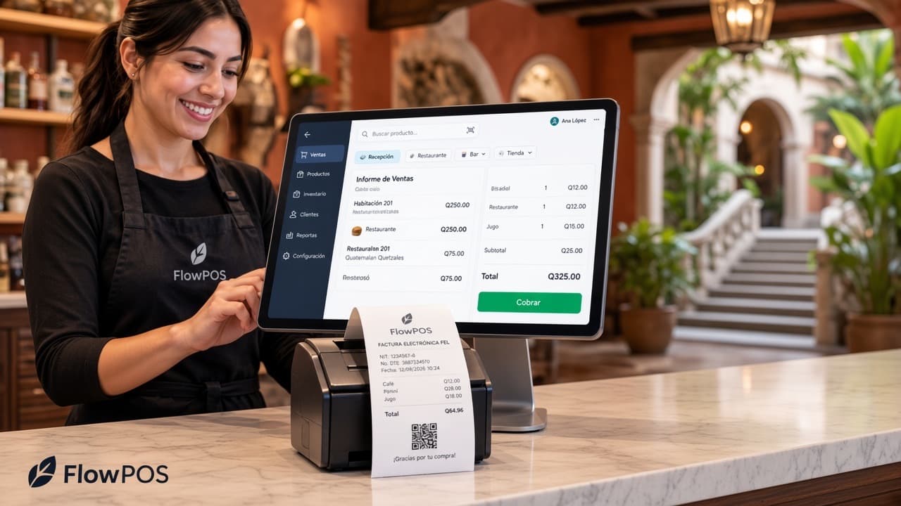 Recepcionista de hotel usando FlowPOS: varios puntos de venta en una sola cuenta y factura FEL impresa