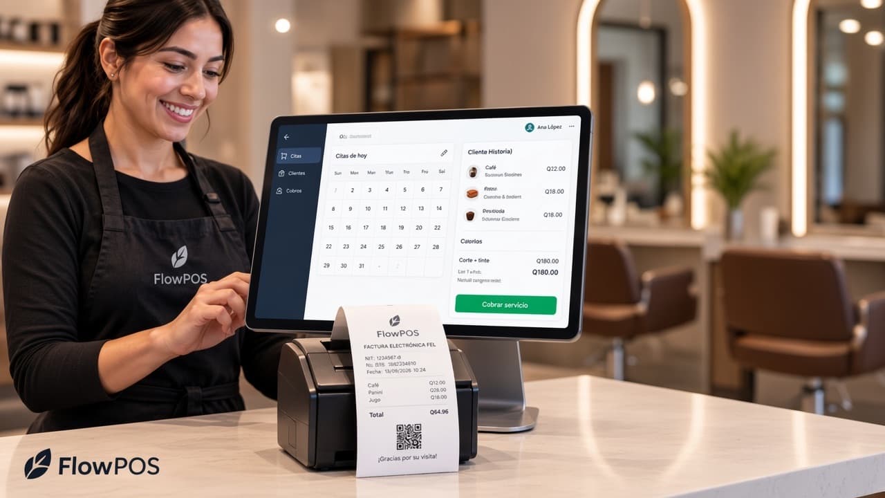 Receptionist charging a service in FlowPOS: appointments on a tablet and a printed FEL invoice