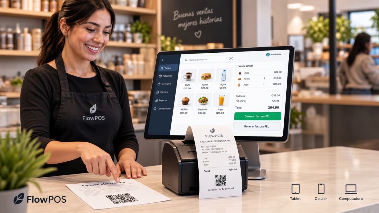 Cashier issuing a FEL electronic invoice in FlowPOS: tablet with Generate FEL invoice and the printed document with QR